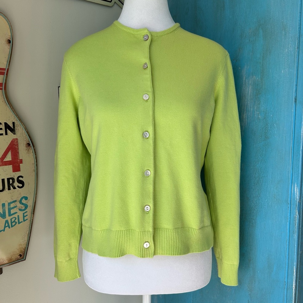 Lands' End Lime Green Crewneck Button Cardigan